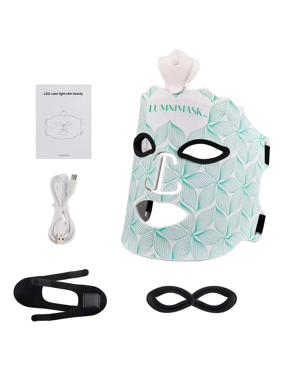 LumniMask with packaging, cable, and straps on a white background