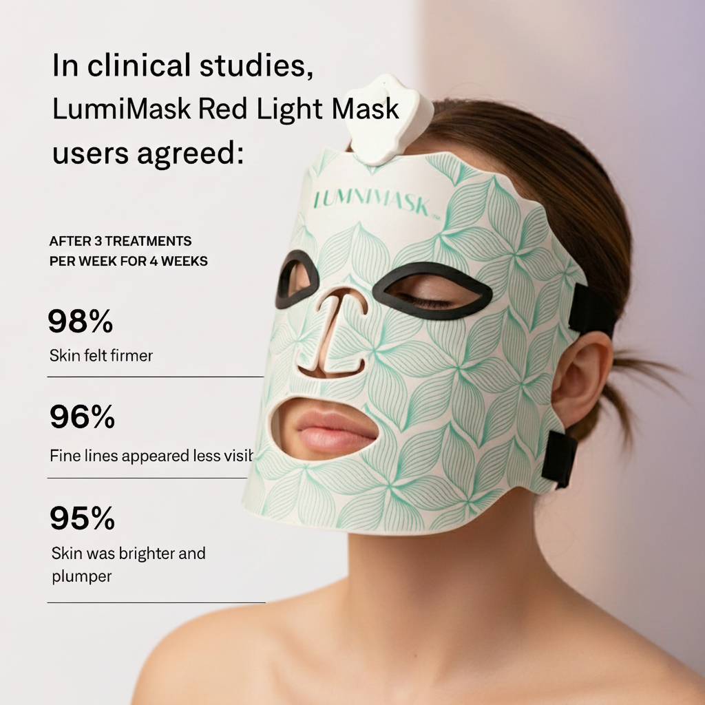 Person wearing a LumiMask Red Light Mask with clinical study results displayed.