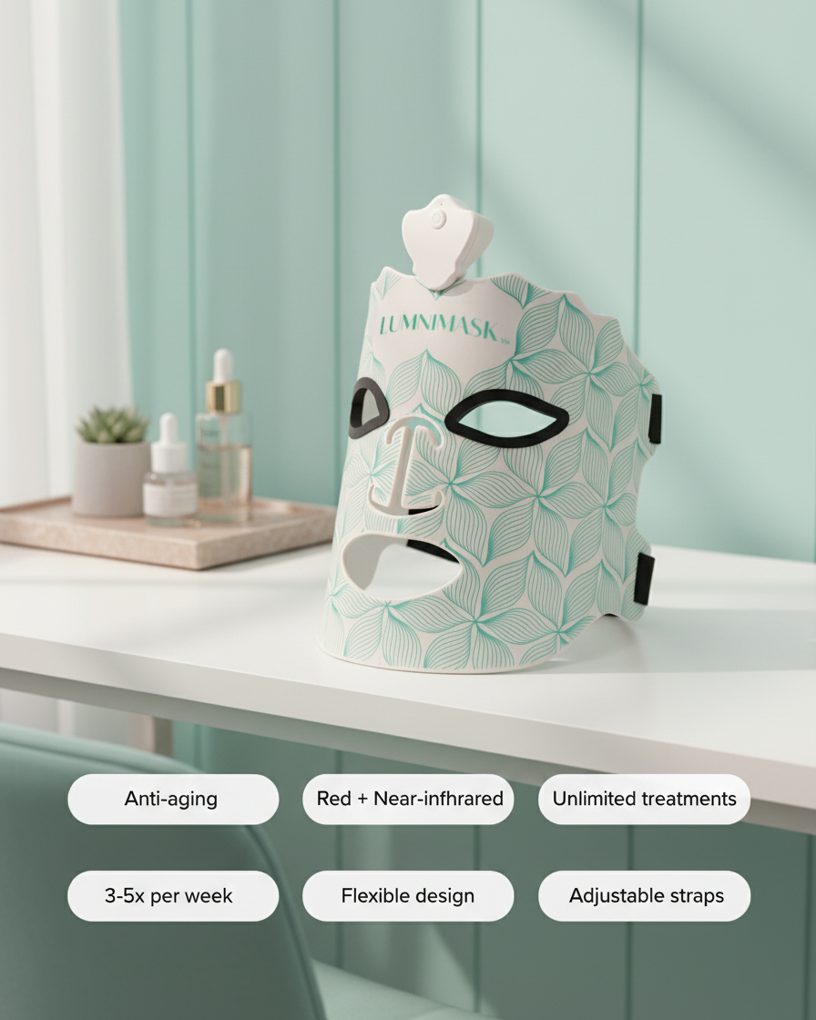 Luminmask facial mask on a table with product details displayed.