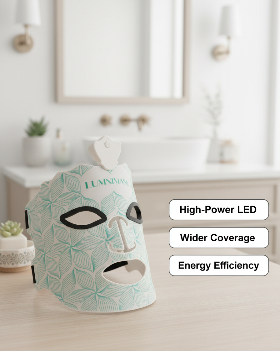 LumniMask with geometric design on a bathroom counter, featuring text about LED technology.